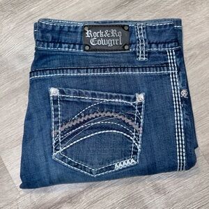 Rock & Roll Cowgirl Dark Blue Straight Leg Jeans with Contrast Stitching